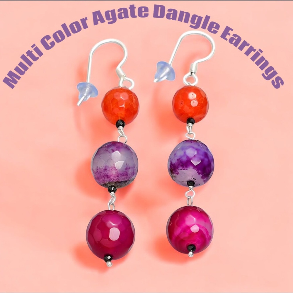 Multi Color Facted Agate & Black Thai Spinel Beads Dangle Earrings NWOT
